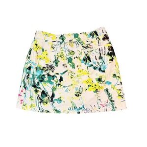 Krazy Larry Women Floral Skort Size 12 White Yellow Green Botanical Mini Skirt